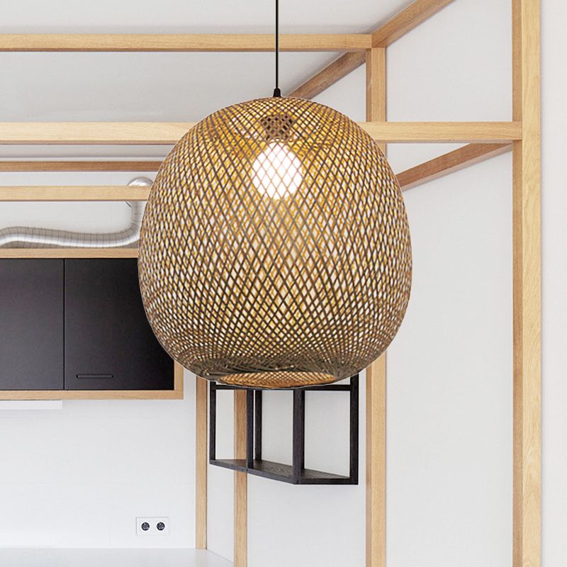 12"/17" Wide Ball Bamboo Pendant Ceiling Light Chinese 1 Light Wood/Brown Hanging Light for Kitchen Island