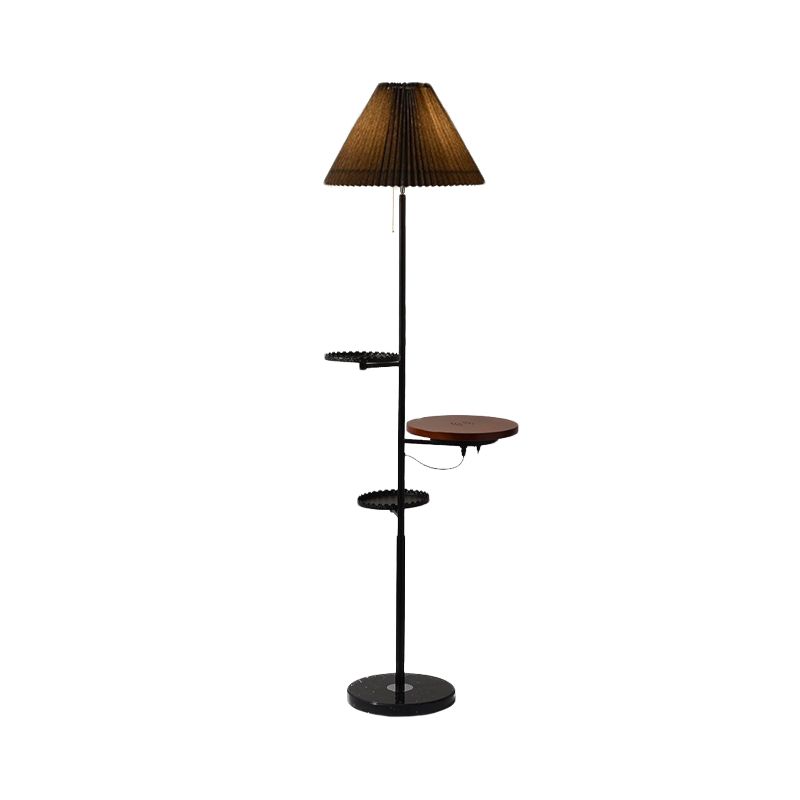 Cone Stand Up Lamp Modern Fabric 1 Bulb Study Room Floor Reading Light with Wood Shelves in Black