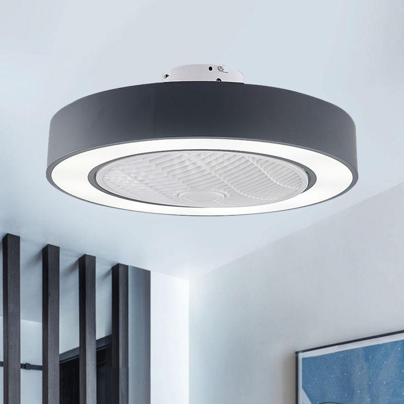 23" W Metal Circular Semi Flush Light Fixture Modern LED Bedroom Pendant Fan Lamp in Black/White, 3 Blades