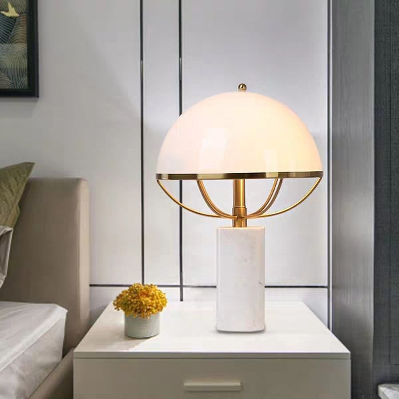 Milk Glass Half-Globe Night Lamp Designer 2-Light White and Brass Table Stand Light with Marble Pedestal