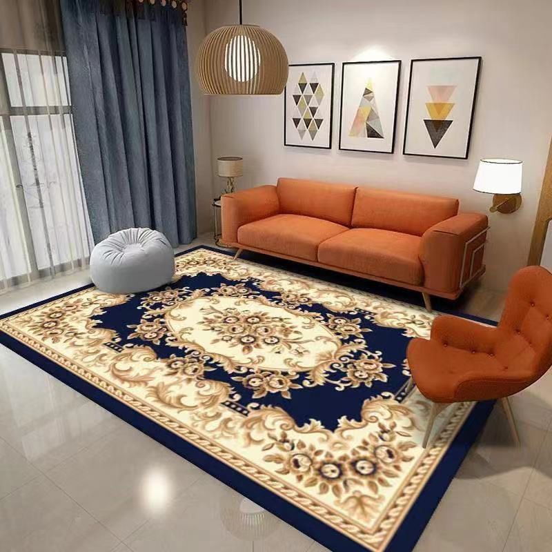 Rapis bleu traditionnel Médaillon Imprimé Polyester Area Tapis Tapis résistant aux taches pour salle