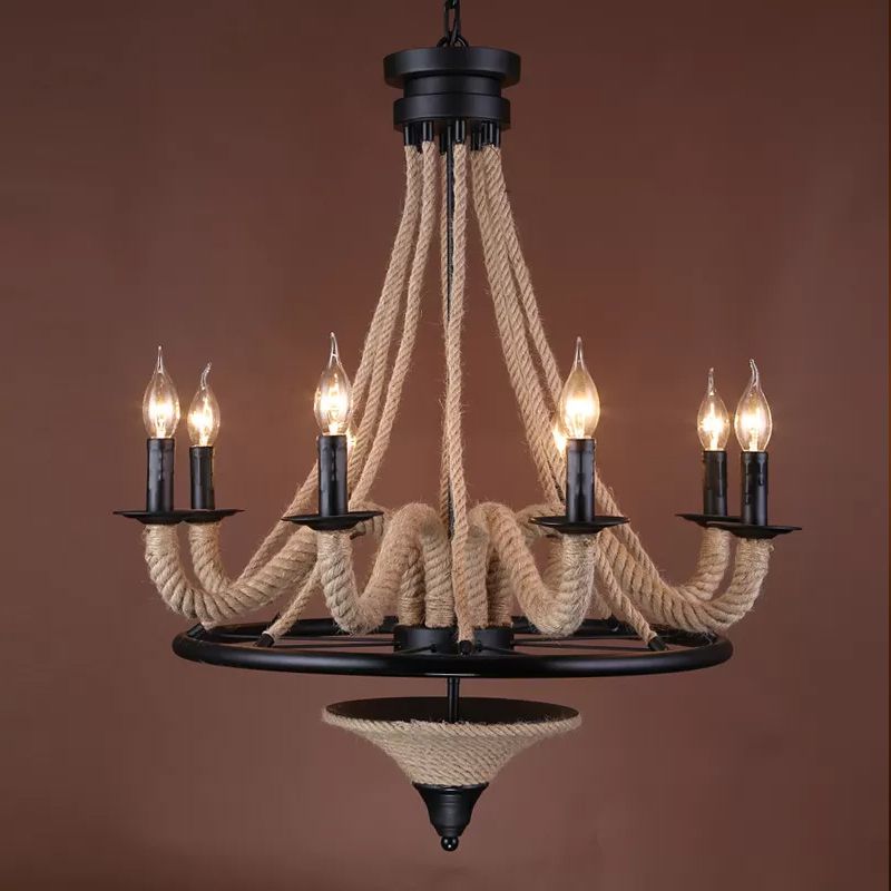 Candelabra Candelabra Cottage de 8 luces Jute Brown Jute Rope envuelto lámpara colgante