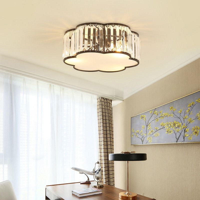 Flower Shade Flush Mount Black Ceiling Light Fixture with Crystal for Bedroom