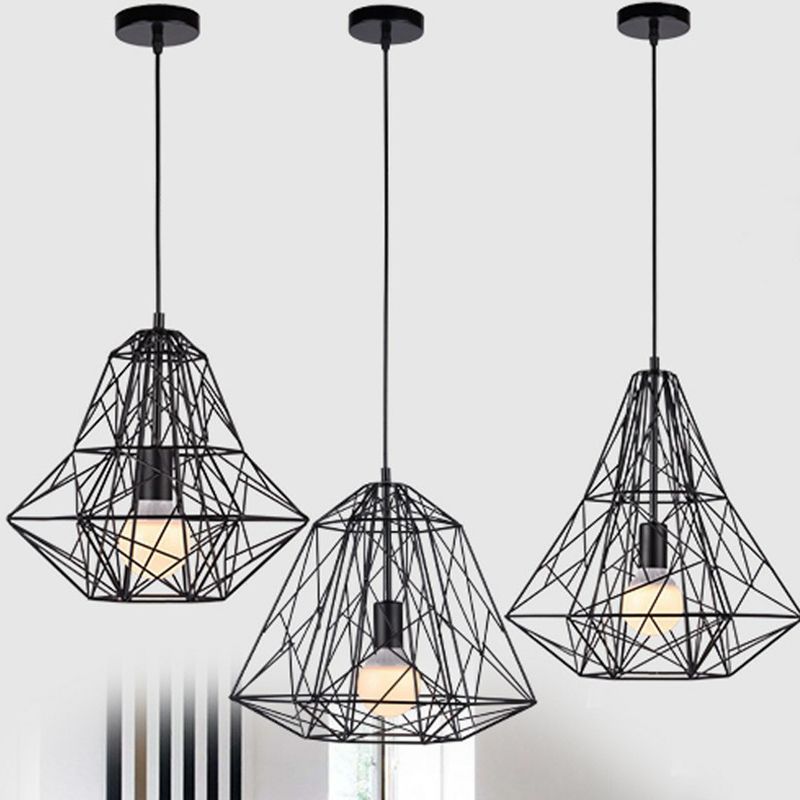 Iron Wire Diamond Pendant Lamp Loft Style 1 Bulb Restaurant Ceiling Hang Light in Black