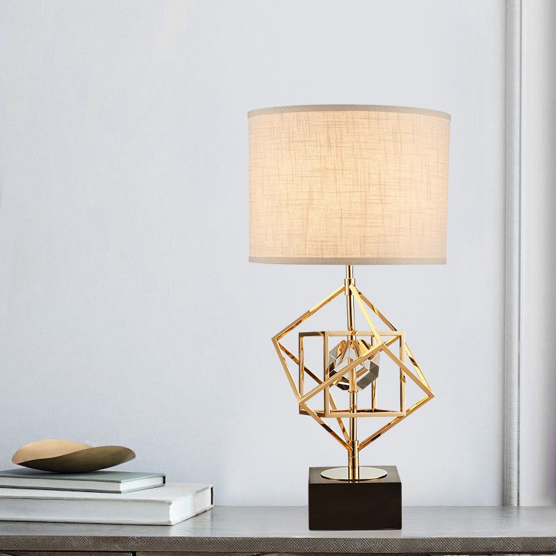 Interlocked Cube Table Lamp Postmodern Metal 1 Light Brass and Black Night Light with Cylinder Fabric Shade