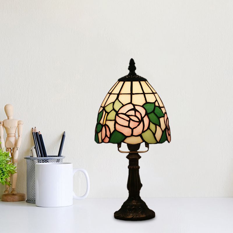 Dome Shape Nightstand Lighting 1-Light Stained Glass Baroque Style Blossom Patterned Table Lamp in Red/Pink/Orange