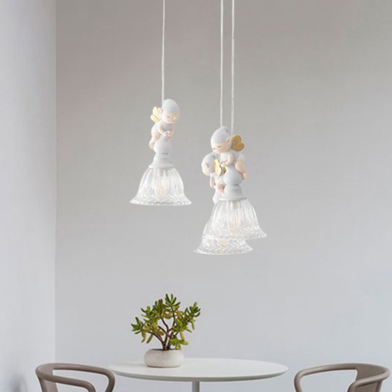 3/6-Head Multi Light Pendant Kids White Hanging Lamp with Flared Clear Glass Shade and Butterfly Fairy Decor