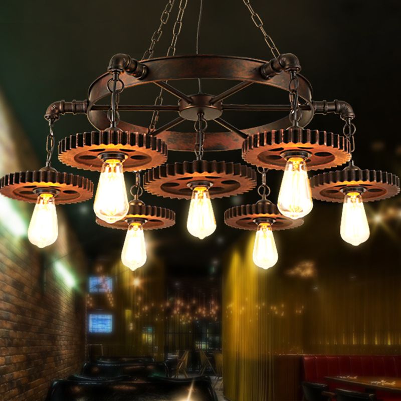 Antique Copper 7 Lights Chandelier Light Fixture Retro Industrial Metal Gear Shaped Pendant Lamp