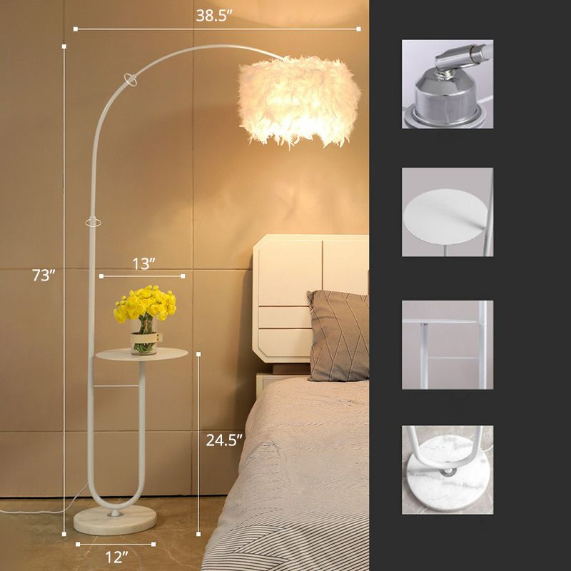 White Drum Standing Floor Lamp Simplicity Single Feather Floor Light with Tray and Arc Arm