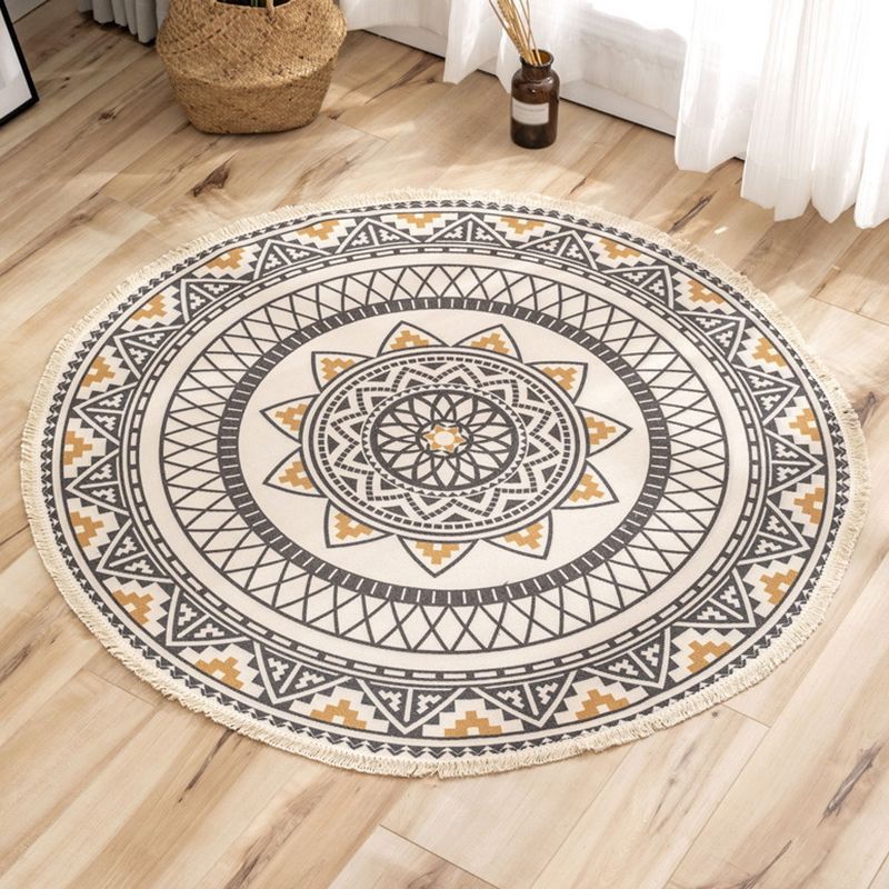 Traditional Moroccan Round Rug Shabby Chic Floral Printed Rug Cotton Blend Stain Resistant Carpet with Fringe for Bedroom