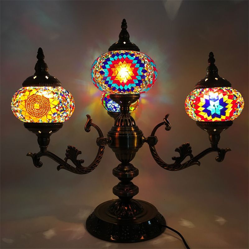 Bohemia Oval Nightstand Light 4 Bulbs Stained Glass Night Table Lighting in Red/Yellow/Orange for Bedroom