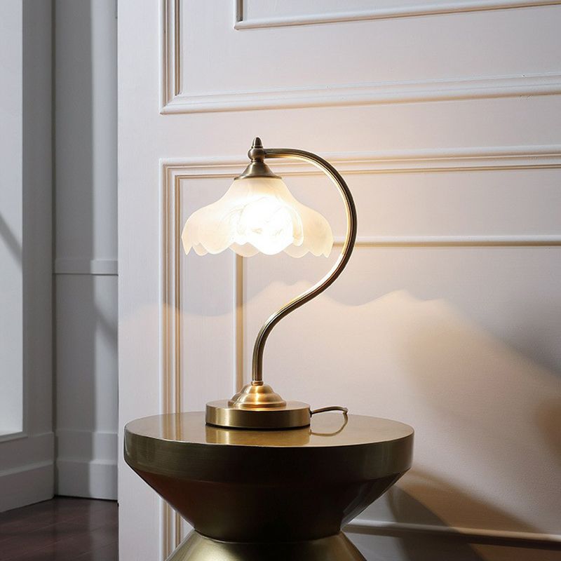 Brass Gooseneck Nightstand Lamp Traditional Metal 1-Light Living Room Table Light with Floral Frosted Glass Shade