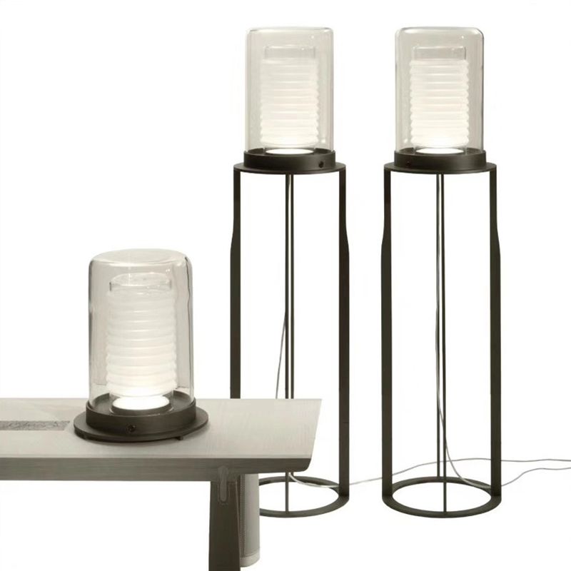 Simple LED Floor Light Black Dual Cylinder Stand Up Lamp with Glass Shade for Living Room