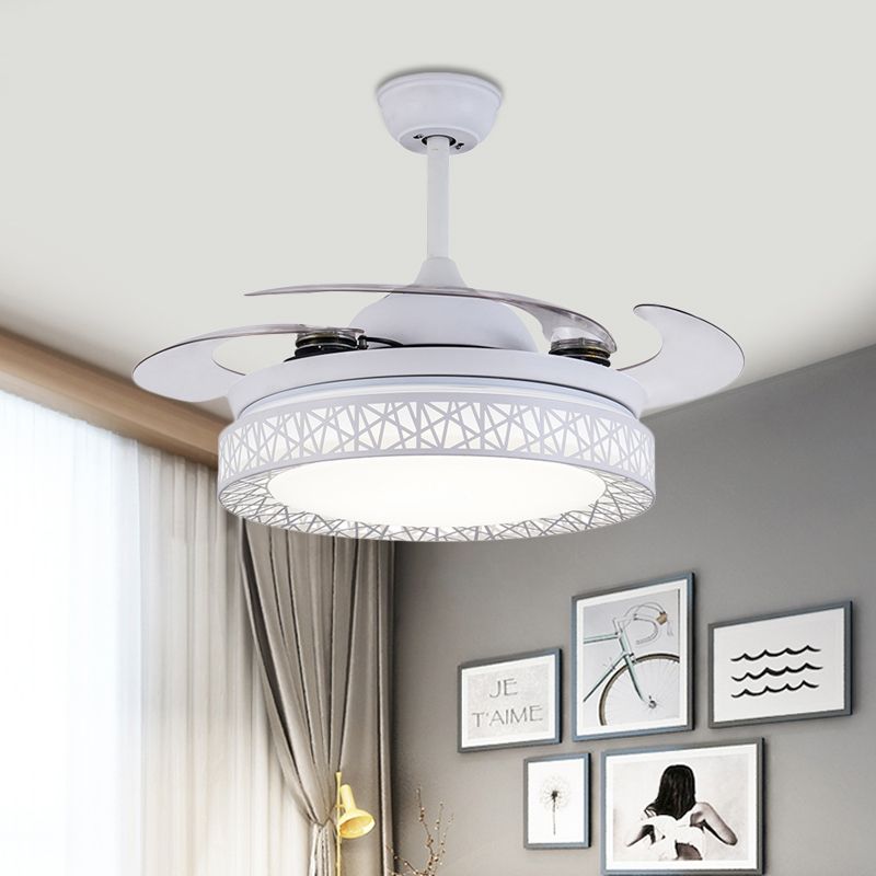 Round Bedroom Fan Lamp Contemporary Metal LED 36" W White Semi Flush Light Fixture with 4 Blades, Remote/Wall Control/Remote and Wall Control