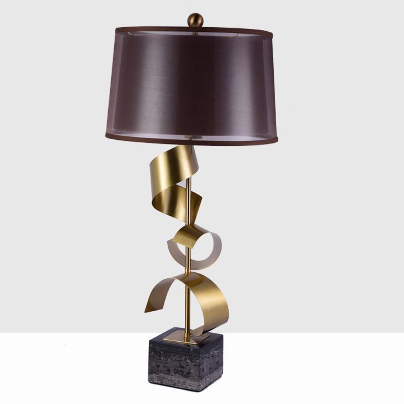 Fabric Drum Table Stand Lamp Modern 1 Head Brown Night Light with Gold Foil Decor