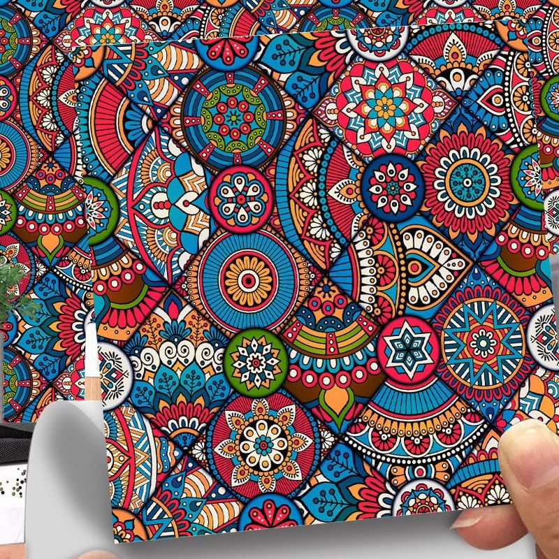 Boho Mandala Peel Wallpaper Panels for Accent Wall 8.6-sq ft Wall Covering in Rose Red-Blue-Green