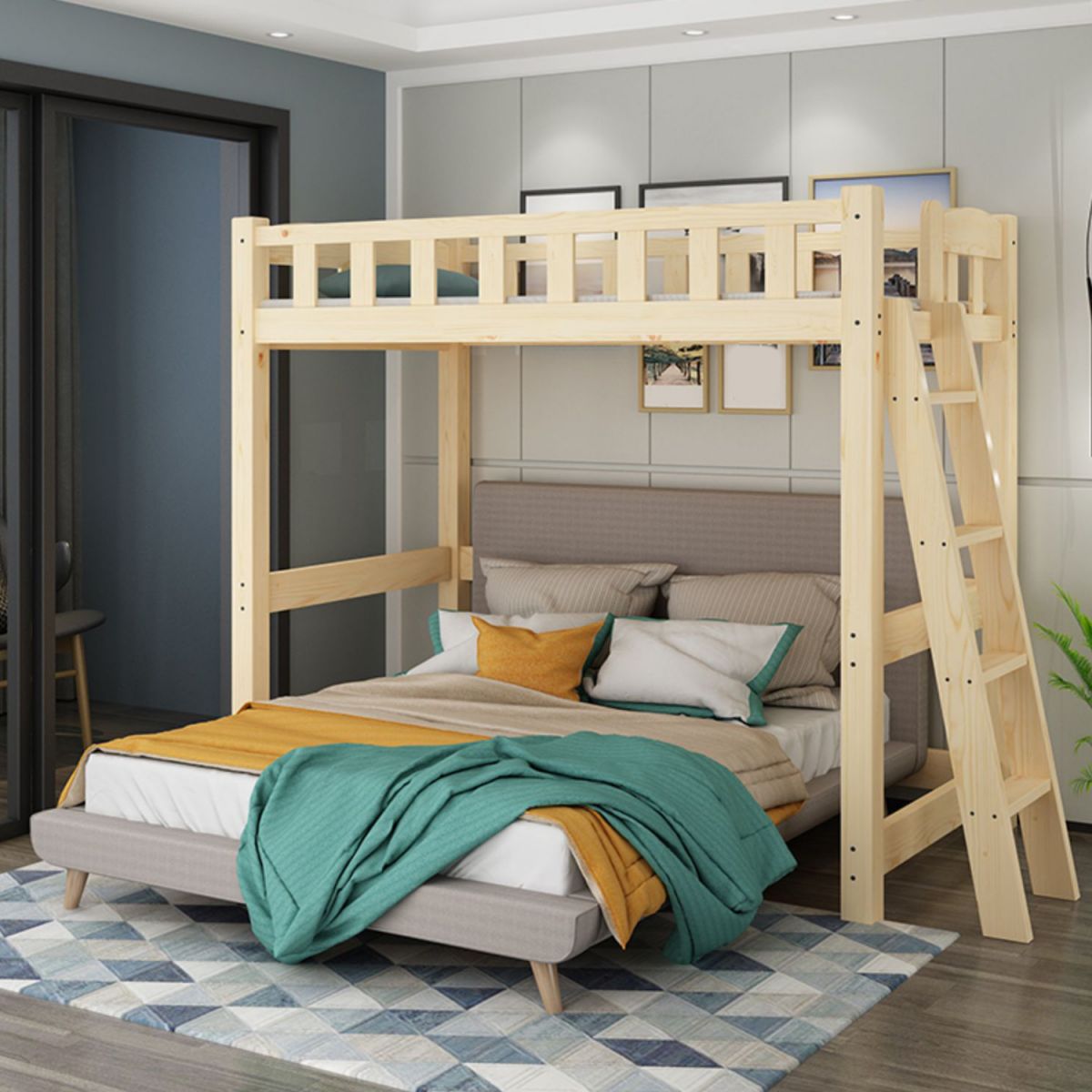 No Theme Scandinavian Kids Bed Solid Wood Loft Bed with Guardrail