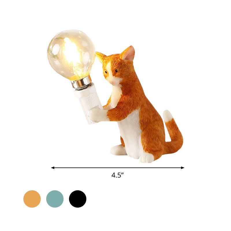 Tabby Cat Holder Table Lamp Kids Iron 1 Bulb Black/Yellow/Blue Nightstand Light with Bare Bulb Design