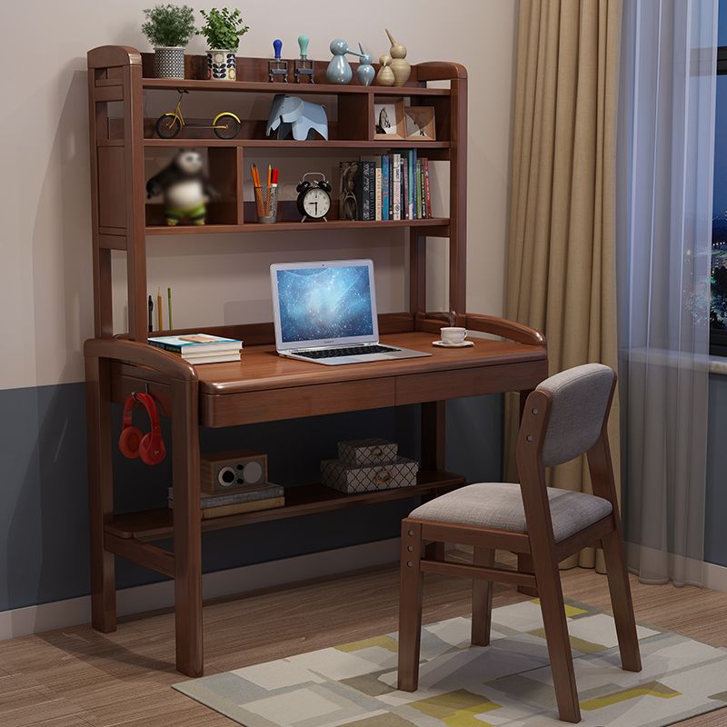 Contemporary Solid Wood Student Table with Storage Shelves and 2 Drawers