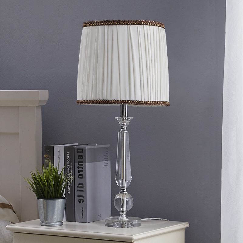 1 Light Drum Night Table Lamp Traditionalism White/Brown/Beige Fabric Nightstand Light for Bedroom with Crystal Base