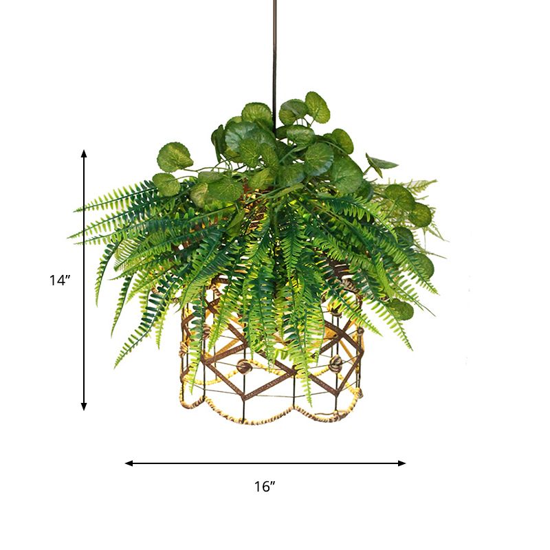 Retro Scalloped Cage Down Lighting 1 Light Iron Ceiling Suspension Lamp in Green with Plant Decoration