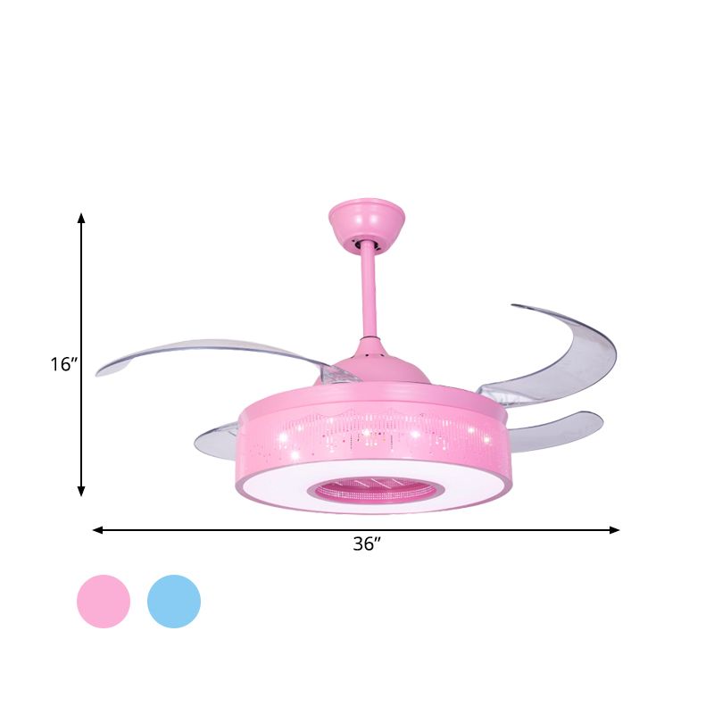 4 lames Ring Metallic Semi Flush Lighting Modern 36 "W LED PENDANT LAMME FAME LAMPE en rose / bleu avec design crevé, mur / télécommande