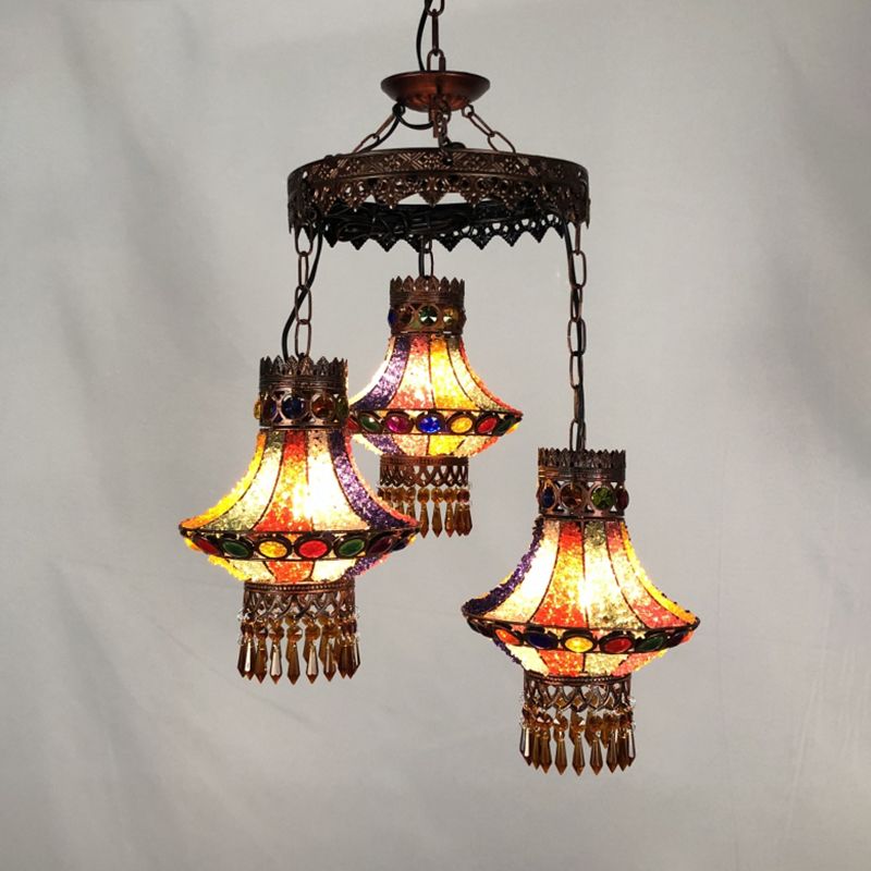 Bohemian Lantern Pendant Chandelier 3/4 Heads Metal Hanging Ceiling Light in Copper for Restaurant