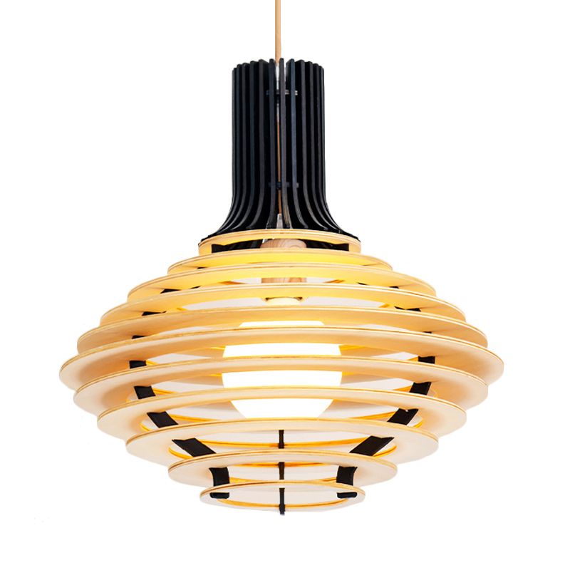 Asia Bulbe Single Pendule Light Black / Beige Vin Bot en forme de lampe suspendue en forme de cage en bois