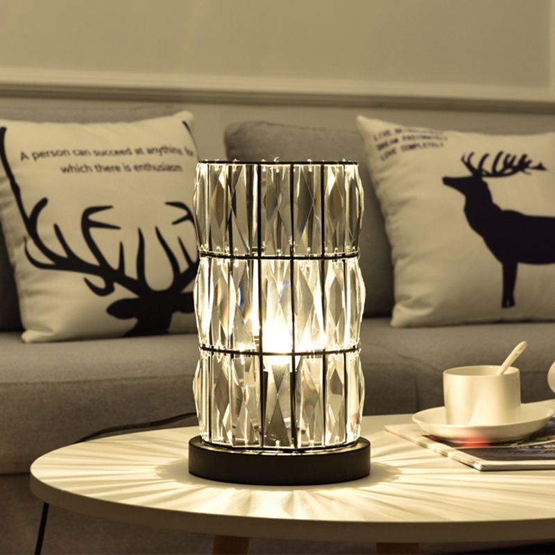 Black Cylinder Night Lamp Contemporary Clear Crystal 1 Light Living Room Nightstand Light