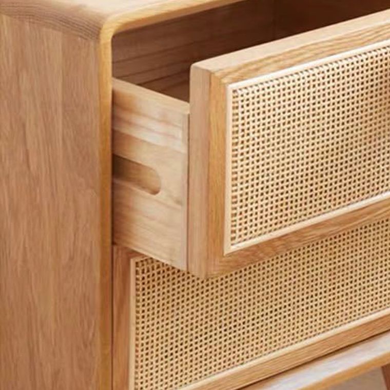 Modern Rattan and Pine Bedside Cabinet Drawer Storage Nightstand with Legs