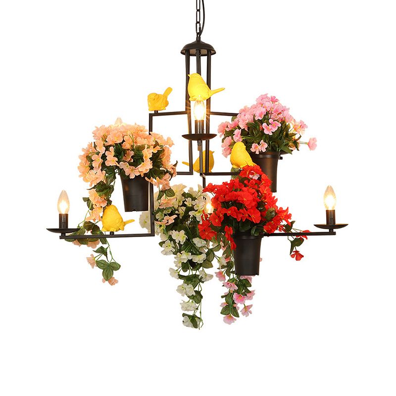 6 cabezas Candelabra Suspension Pends Industrial Black Metal Candelier Luz con decoración de flores