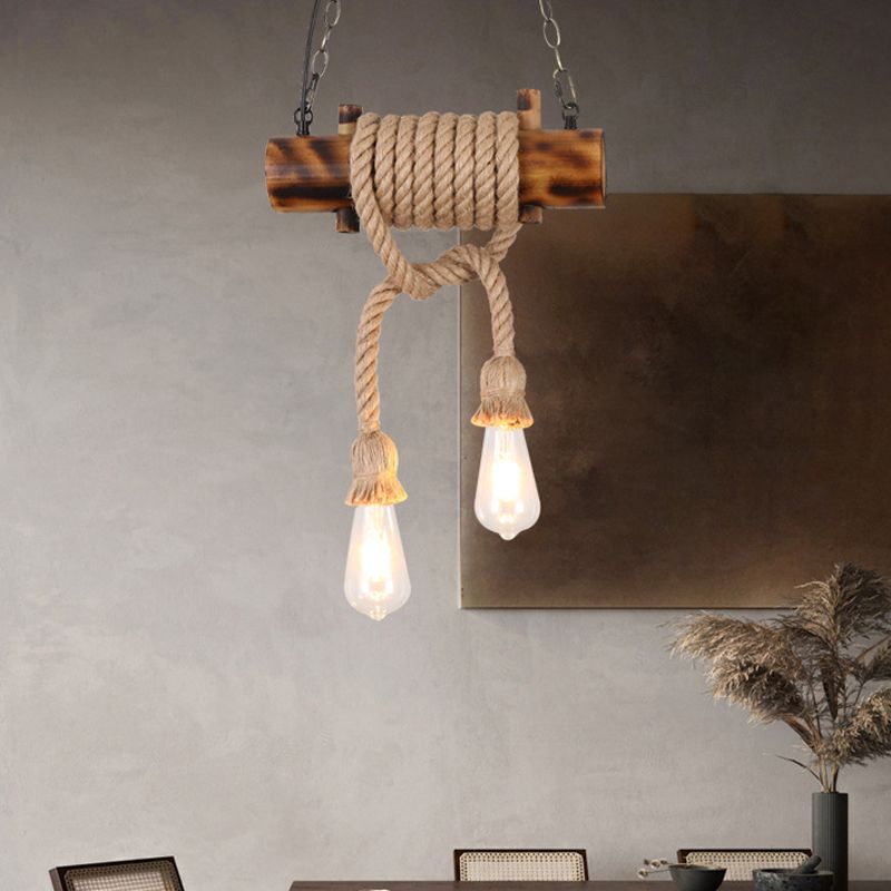 2-Head Exposed Bulb Design Drop Lamp Lodge Brown Hand Made Hemp Rope Pendant Chandelier