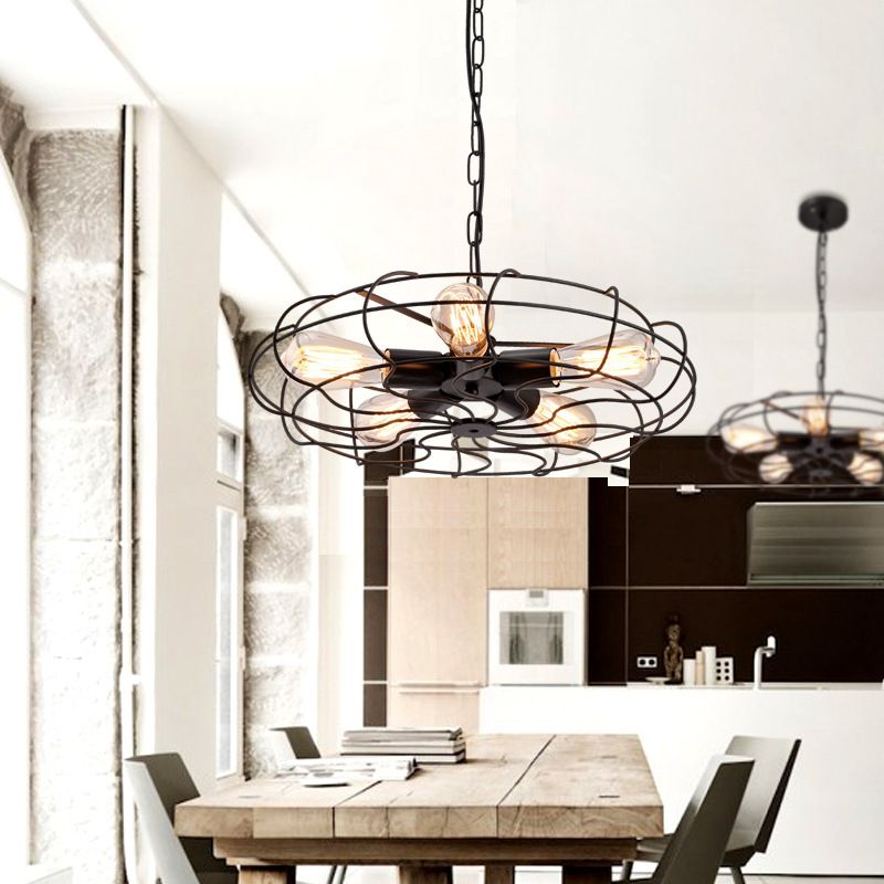 Retro Industrial Style Hanging Fan Shape Chandelier Pendant Light 5 Lights Metal Ceiling Lights Fixture for Restaurant