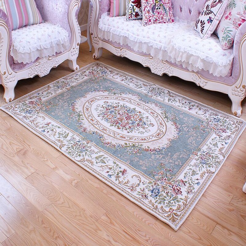 Vintage Sleeping Room Rug Beige and Blue Flower Pattern Carpet Polyester Anti-Slip Backing Machine Washable Area Rug