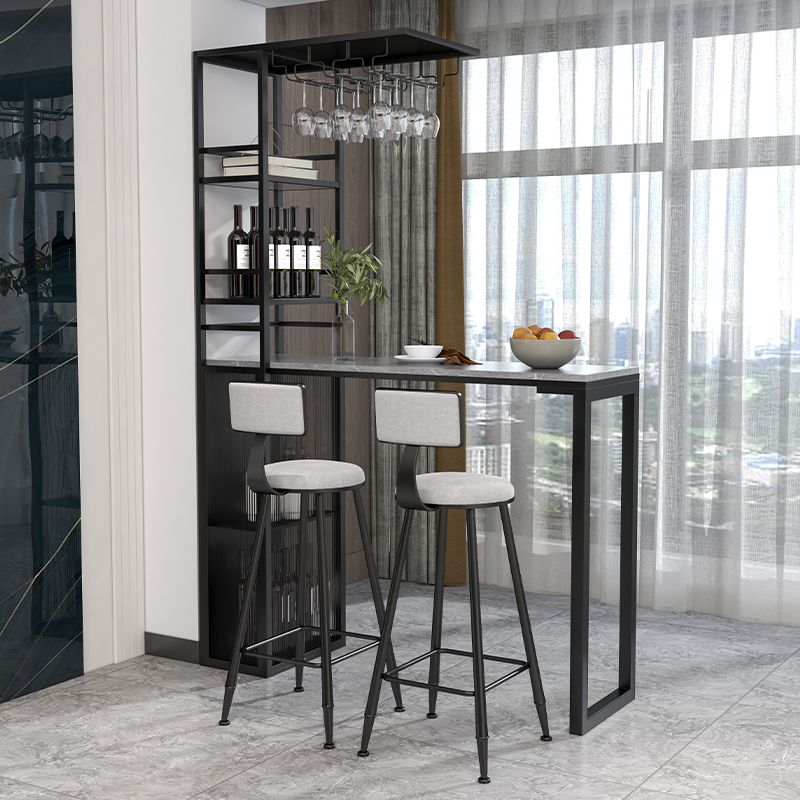 Modern Iron Bar Dining Table Stone Top Rectangle Indoor Bistro Table with Wine Rack