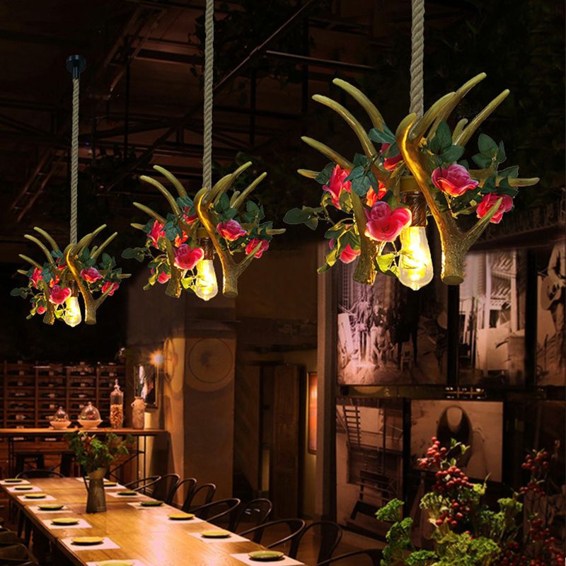 Iluminación colgante de restaurantes de asta de metal industrial 1 bombilla rosa/rojo led flores luminosos lámparas colgantes