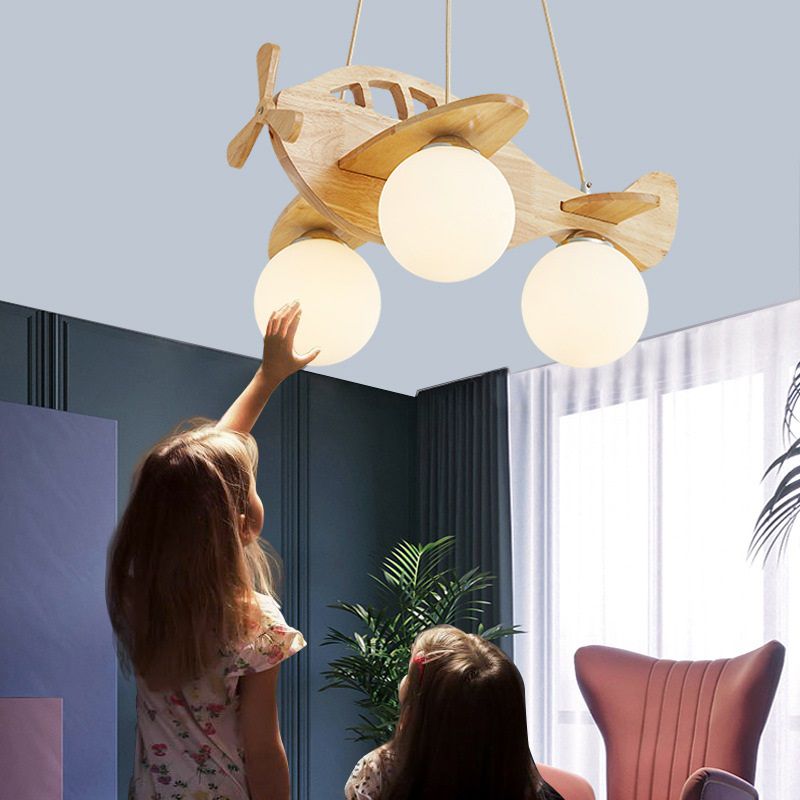 Lumineur en forme d'avion en bois massif Lumière 3-Light White White Grosted Ball Ball Shade Lighting For Salle pour enfants