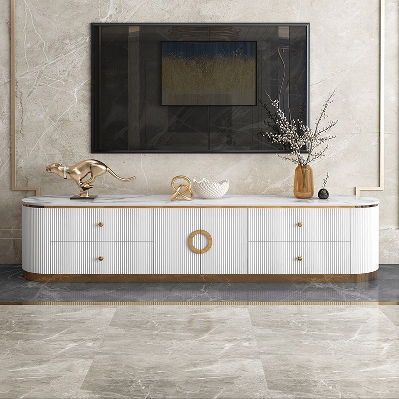 Glam Stone Top TV Stand White Glossy TV Console with Drawers and Cabinet