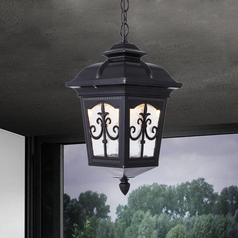 Clear Ripple Glass Black/Bronze Ceiling Lamp Lantern Shaped 1-Light Farmhouse Pendant Light Fixture for Patio