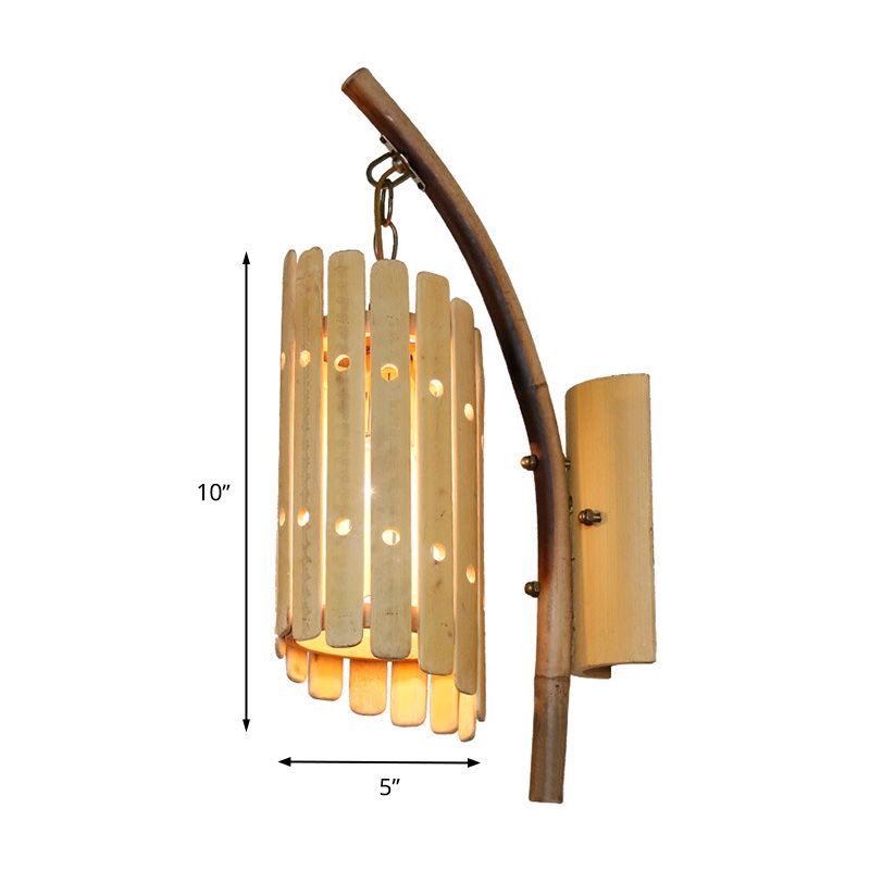 Lampada con funce a parete con corridoio a 1 testa lampada a parete a parete curva beige asiatica con tonalità in legno cilindro