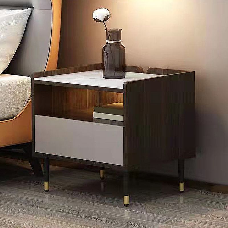 Modern Stone Top Nightstand Open Storage 18 Inch H 1-Drawer Night Table with Legs