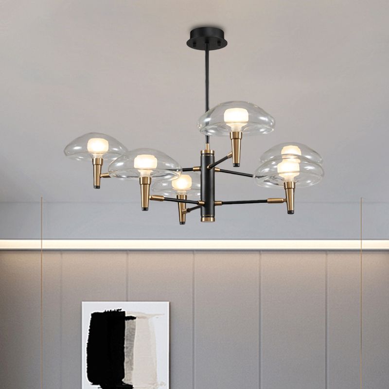 Clear Mushroom Shade Pendant Light Contemporary Metal Chandelier in Black for Boutique