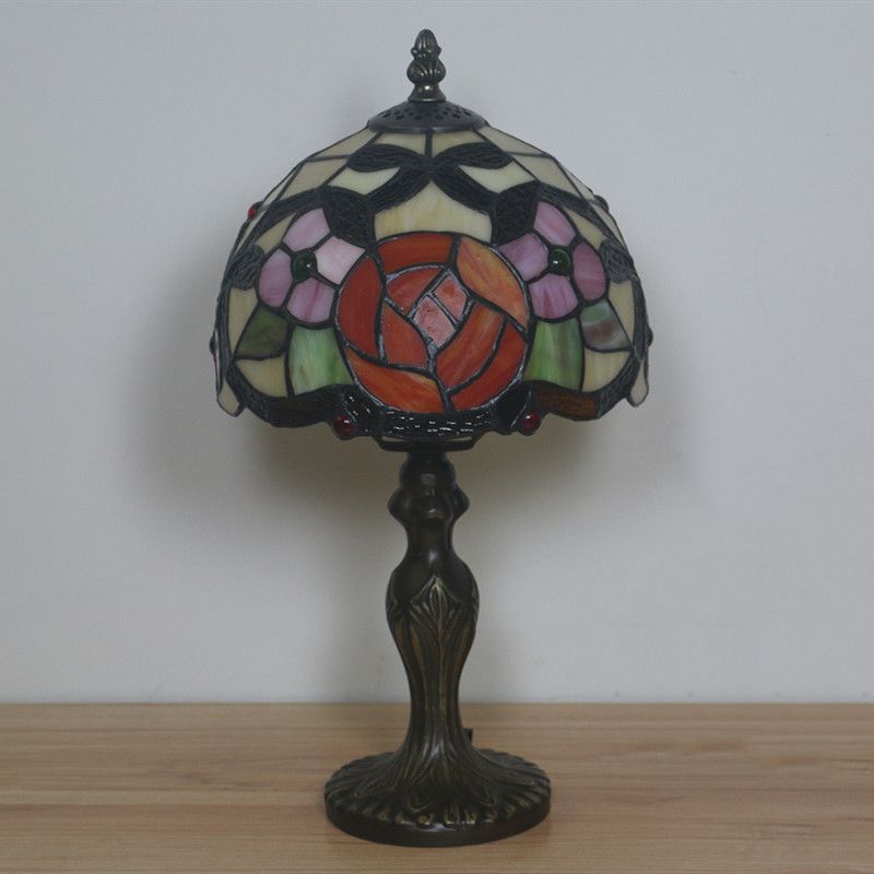 Victorian Rose Patterned Desk Lighting 1 Head Cut Glass Nightstand Lamp in Bronze with Dome Shade