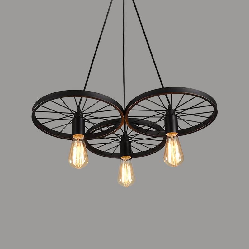 Black Wheel Chandelier Lamp Rustic Iron 3/6 Bulbs Living Room Hanging Ceiling Light