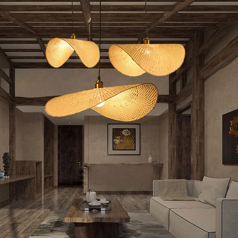 Bamboo Lotus Leaf Ceiling Light Modern Style Single-Bulb Wood Hanging Pendant Light