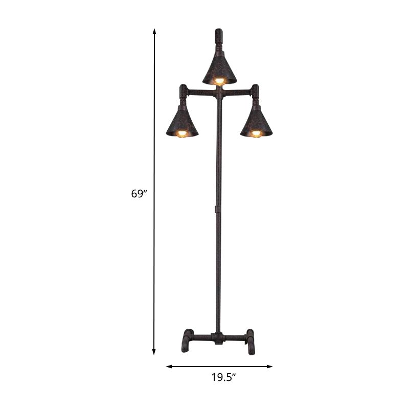 3-Light Iron Floor Light Antique Style Dark Rust Conical Shade Indoor Floor Lamp with Pipe Design