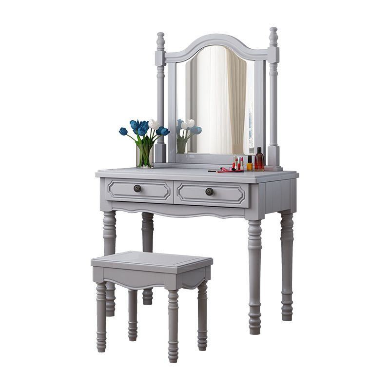 Traditional 2-Drawer Wood Dressing Table with Mirror Makeup Vanity Stool