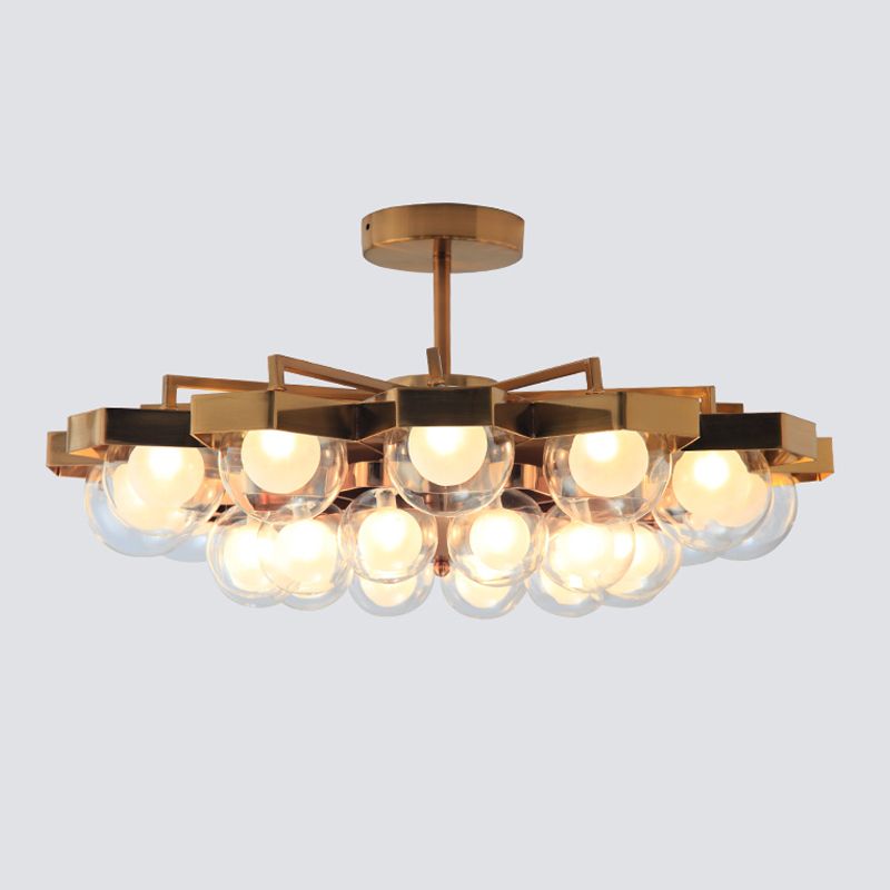 Metallic Flower Shaped Chandelier with Globe Shade Living Room 24 Lights Elegant Hanging Light in Gold