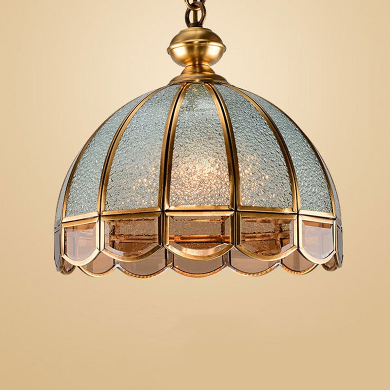 Hemisphere Study Room Chandelier Lighting Vintage Ripple Glass Gold Pendant Light with Pull Chain with Scalloped Edge