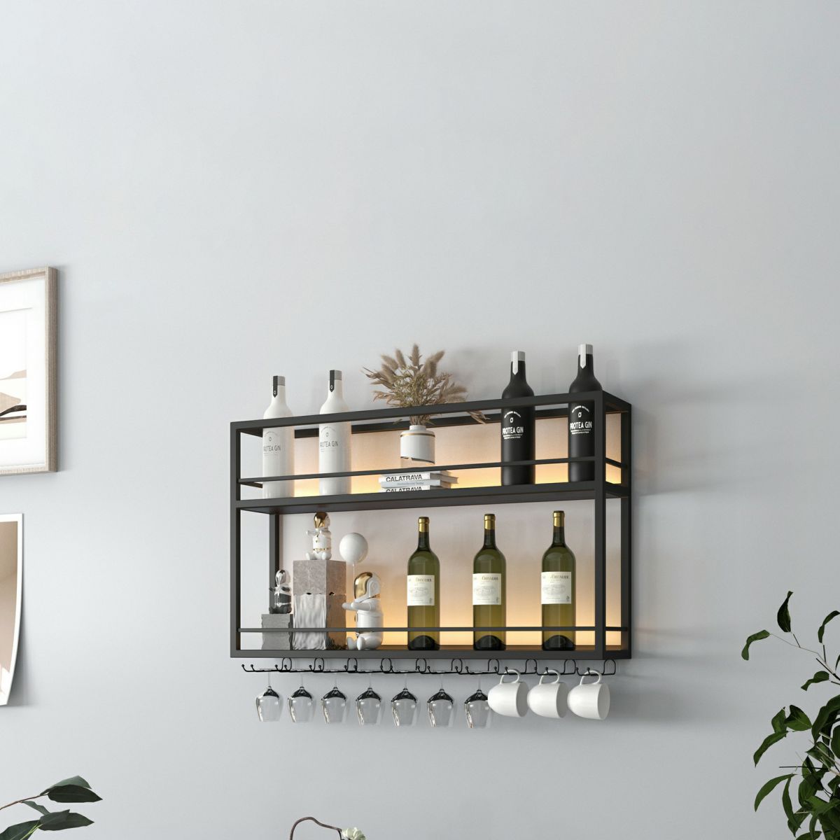 Modern Metal Wine Rack Wall Mounted Wine Bottle & Glass Rack for Living Room